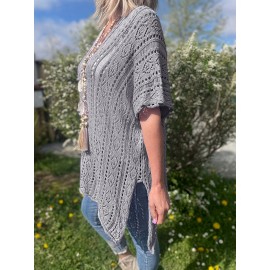 Plus Size Solid Knitted Top, Elegant Cut Out V Neck Crochet Top, Women's Plus Size Clothing