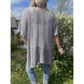 Plus Size Solid Knitted Top, Elegant Cut Out V Neck Crochet Top, Women's Plus Size Clothing