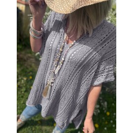 Plus Size Solid Knitted Top, Elegant Cut Out V Neck Crochet Top, Women's Plus Size Clothing