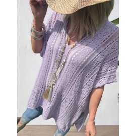 Plus Size Solid Knitted Top, Elegant Cut Out V Neck Crochet Top, Women's Plus Size Clothing