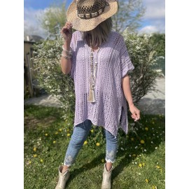 Plus Size Solid Knitted Top, Elegant Cut Out V Neck Crochet Top, Women's Plus Size Clothing