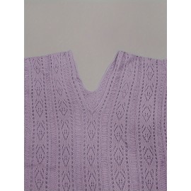 Plus Size Solid Knitted Top, Elegant Cut Out V Neck Crochet Top, Women's Plus Size Clothing