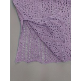 Plus Size Solid Knitted Top, Elegant Cut Out V Neck Crochet Top, Women's Plus Size Clothing