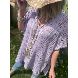 Plus Size Solid Knitted Top, Elegant Cut Out V Neck Crochet Top, Women's Plus Size Clothing