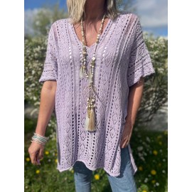 Plus Size Solid Knitted Top, Elegant Cut Out V Neck Crochet Top, Women's Plus Size Clothing