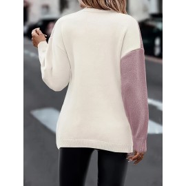 Plus Size Twist Front Colorblock Sweater, Casual Long Sleeve V Neck Sweater For Fall & Winter, Women's Plus Size Clothing