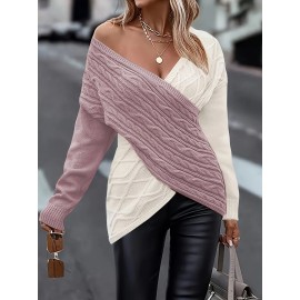 Plus Size Twist Front Colorblock Sweater, Casual Long Sleeve V Neck Sweater For Fall & Winter, Women's Plus Size Clothing