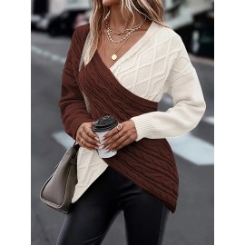 Plus Size Twist Front Colorblock Sweater, Casual Long Sleeve V Neck Sweater For Fall & Winter, Women's Plus Size Clothing