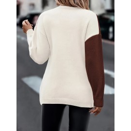 Plus Size Twist Front Colorblock Sweater, Casual Long Sleeve V Neck Sweater For Fall & Winter, Women's Plus Size Clothing