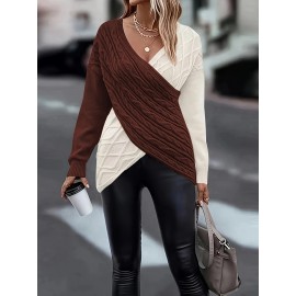Plus Size Twist Front Colorblock Sweater, Casual Long Sleeve V Neck Sweater For Fall & Winter, Women's Plus Size Clothing