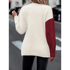 Plus Size Twist Front Colorblock Sweater, Casual Long Sleeve V Neck Sweater For Fall & Winter, Women's Plus Size Clothing