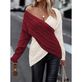 Plus Size Twist Front Colorblock Sweater, Casual Long Sleeve V Neck Sweater For Fall & Winter, Women's Plus Size Clothing