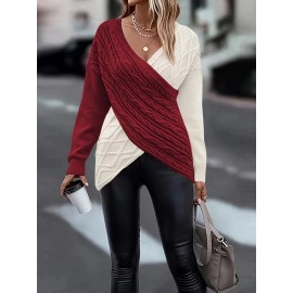 Plus Size Twist Front Colorblock Sweater, Casual Long Sleeve V Neck Sweater For Fall & Winter, Women's Plus Size Clothing