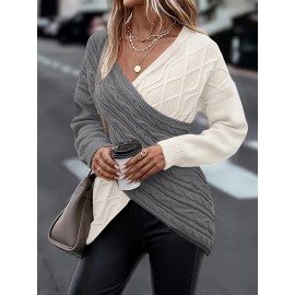 Plus Size Twist Front Colorblock Sweater, Casual Long Sleeve V Neck Sweater For Fall & Winter, Women's Plus Size Clothing