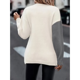 Plus Size Twist Front Colorblock Sweater, Casual Long Sleeve V Neck Sweater For Fall & Winter, Women's Plus Size Clothing