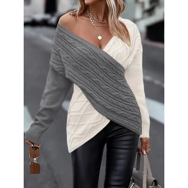 Plus Size Twist Front Colorblock Sweater, Casual Long Sleeve V Neck Sweater For Fall & Winter, Women's Plus Size Clothing