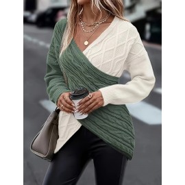 Plus Size Twist Front Colorblock Sweater, Casual Long Sleeve V Neck Sweater For Fall & Winter, Women's Plus Size Clothing