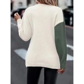 Plus Size Twist Front Colorblock Sweater, Casual Long Sleeve V Neck Sweater For Fall & Winter, Women's Plus Size Clothing