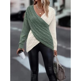Plus Size Twist Front Colorblock Sweater, Casual Long Sleeve V Neck Sweater For Fall & Winter, Women's Plus Size Clothing