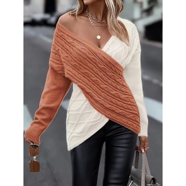 Plus Size Twist Front Colorblock Sweater, Casual Long Sleeve V Neck Sweater For Fall & Winter, Women's Plus Size Clothing