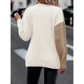 Plus Size Twist Front Colorblock Sweater, Casual Long Sleeve V Neck Sweater For Fall & Winter, Women's Plus Size Clothing