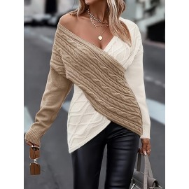 Plus Size Twist Front Colorblock Sweater, Casual Long Sleeve V Neck Sweater For Fall & Winter, Women's Plus Size Clothing