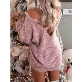 Plus Size Solid Knitted Dress, Casual Cross Cut Out Long Sleeve Dress, Women's Plus Size Clothing