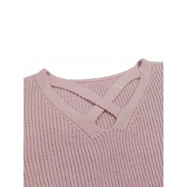 Plus Size Solid Knitted Dress, Casual Cross Cut Out Long Sleeve Dress, Women's Plus Size Clothing