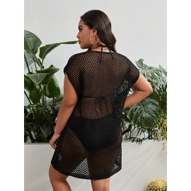 Plus Size Cutout Cover Up Knitted Top, Casual Beach Wear Short Sleeve Sweater, Women's Plus Size Clothing