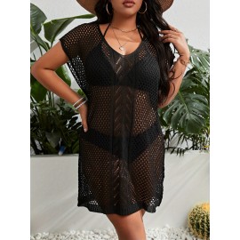 Plus Size Cutout Cover Up Knitted Top, Casual Beach Wear Short Sleeve Sweater, Women's Plus Size Clothing
