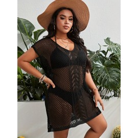 Plus Size Cutout Cover Up Knitted Top, Casual Beach Wear Short Sleeve Sweater, Women's Plus Size Clothing