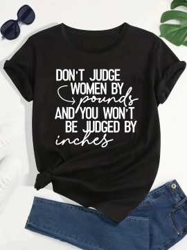 Plus Size JUDGE WOMEN Print T-shirt, Casual Short Sleeve Crew Neck Top For Spring & Summer, Women's Plus Size Clothing