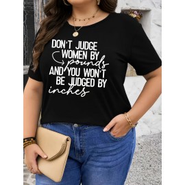 Plus Size JUDGE WOMEN Print T-shirt, Casual Short Sleeve Crew Neck Top For Spring & Summer, Women's Plus Size Clothing
