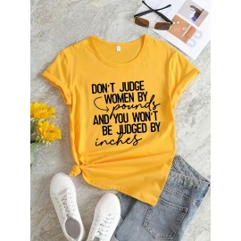 Plus Size JUDGE WOMEN Print T-shirt, Casual Short Sleeve Crew Neck Top For Spring & Summer, Women's Plus Size Clothing