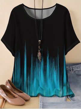 Plus Size Ombre Print T-shirt, Casual Short Sleeve Crew Neck Top For Spring & Summer, Women's Plus Size Clothing