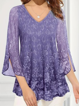 Plus Size Casual Top, Women's Plus Solid Floral Pattern Mesh Split Bell Sleeve V Neck Tunic Top