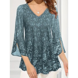 Plus Size Casual Top, Women's Plus Solid Floral Pattern Mesh Split Bell Sleeve V Neck Tunic Top