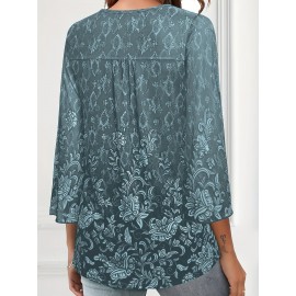 Plus Size Casual Top, Women's Plus Solid Floral Pattern Mesh Split Bell Sleeve V Neck Tunic Top