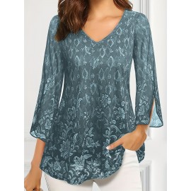 Plus Size Casual Top, Women's Plus Solid Floral Pattern Mesh Split Bell Sleeve V Neck Tunic Top
