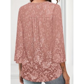 Plus Size Casual Top, Women's Plus Solid Floral Pattern Mesh Split Bell Sleeve V Neck Tunic Top