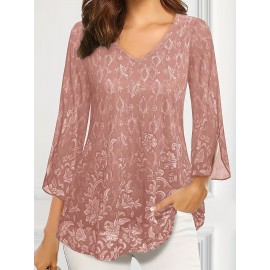 Plus Size Casual Top, Women's Plus Solid Floral Pattern Mesh Split Bell Sleeve V Neck Tunic Top