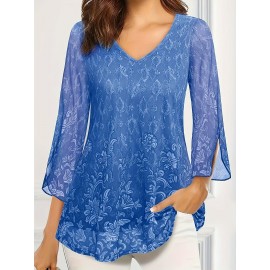 Plus Size Casual Top, Women's Plus Solid Floral Pattern Mesh Split Bell Sleeve V Neck Tunic Top
