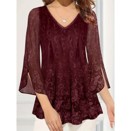 Plus Size Casual Top, Women's Plus Solid Floral Pattern Mesh Split Bell Sleeve V Neck Tunic Top