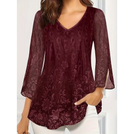 Plus Size Casual Top, Women's Plus Solid Floral Pattern Mesh Split Bell Sleeve V Neck Tunic Top