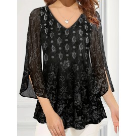 Plus Size Casual Top, Women's Plus Solid Floral Pattern Mesh Split Bell Sleeve V Neck Tunic Top
