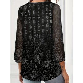 Plus Size Casual Top, Women's Plus Solid Floral Pattern Mesh Split Bell Sleeve V Neck Tunic Top