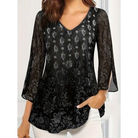 Plus Size Casual Top, Women's Plus Solid Floral Pattern Mesh Split Bell Sleeve V Neck Tunic Top