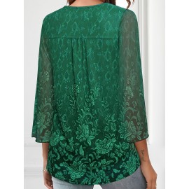 Plus Size Casual Top, Women's Plus Solid Floral Pattern Mesh Split Bell Sleeve V Neck Tunic Top