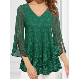 Plus Size Casual Top, Women's Plus Solid Floral Pattern Mesh Split Bell Sleeve V Neck Tunic Top