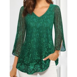 Plus Size Casual Top, Women's Plus Solid Floral Pattern Mesh Split Bell Sleeve V Neck Tunic Top